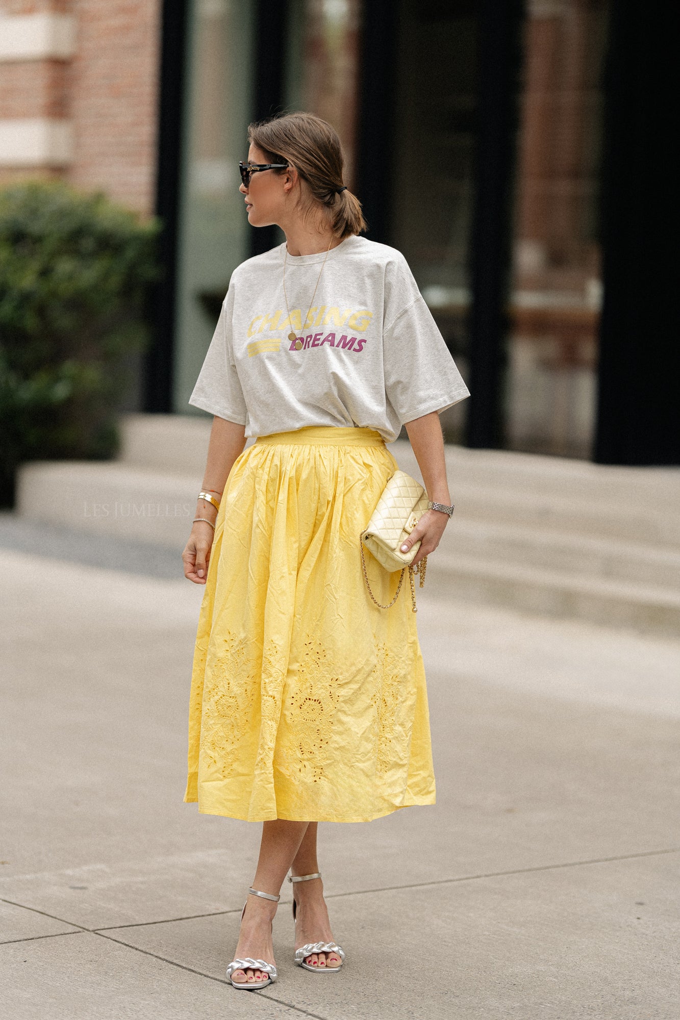 Embroidery anglaise midi skirt sweet yellow