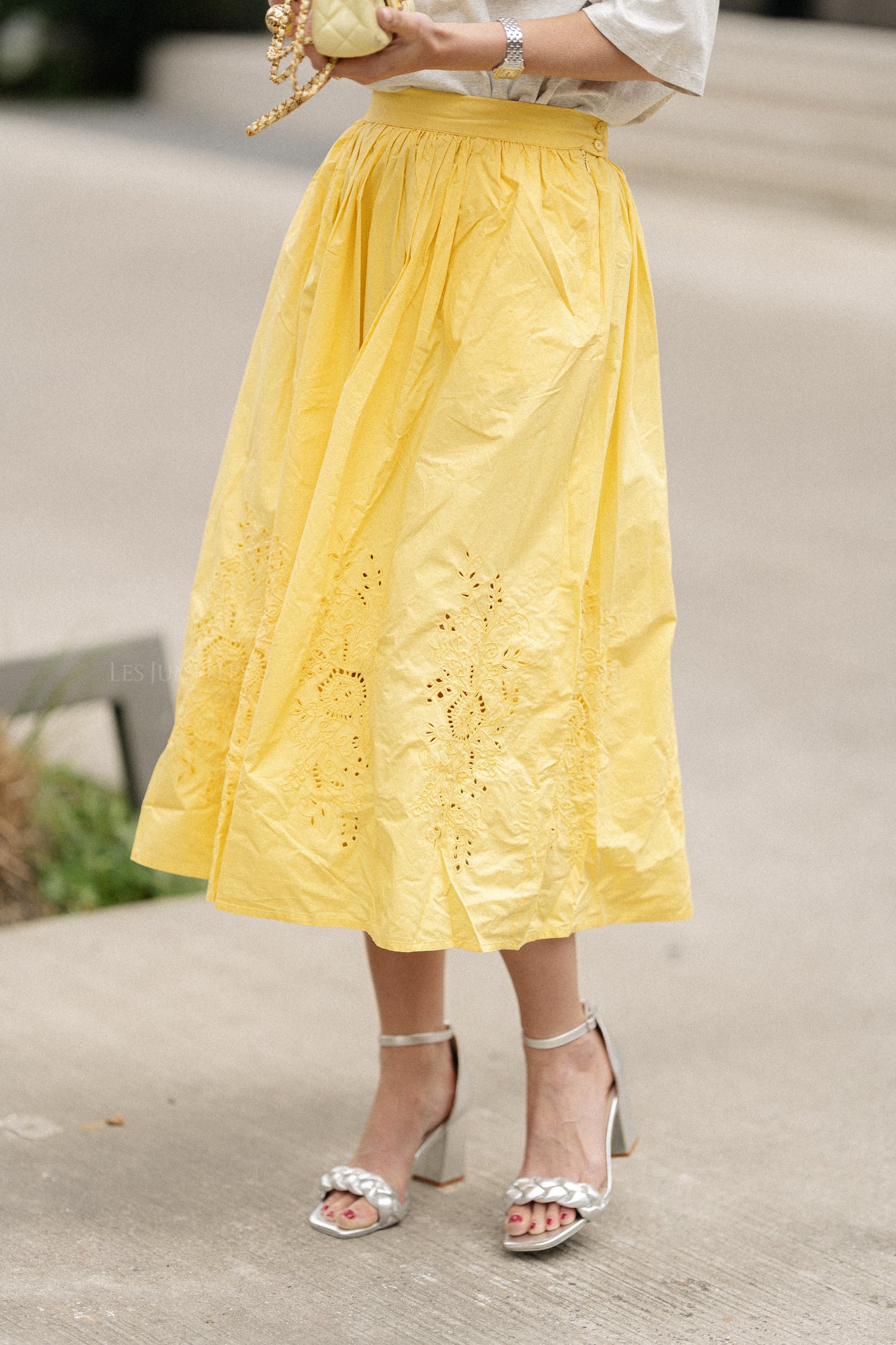 Embroidery anglaise midi skirt sweet yellow