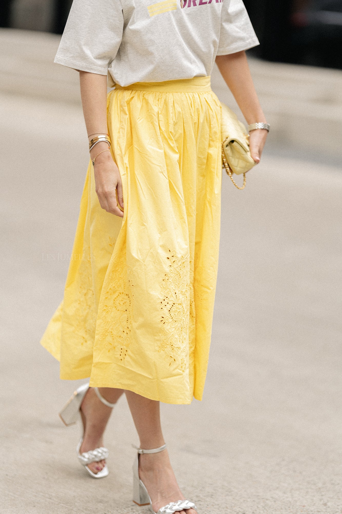 Embroidery anglaise midi skirt sweet yellow