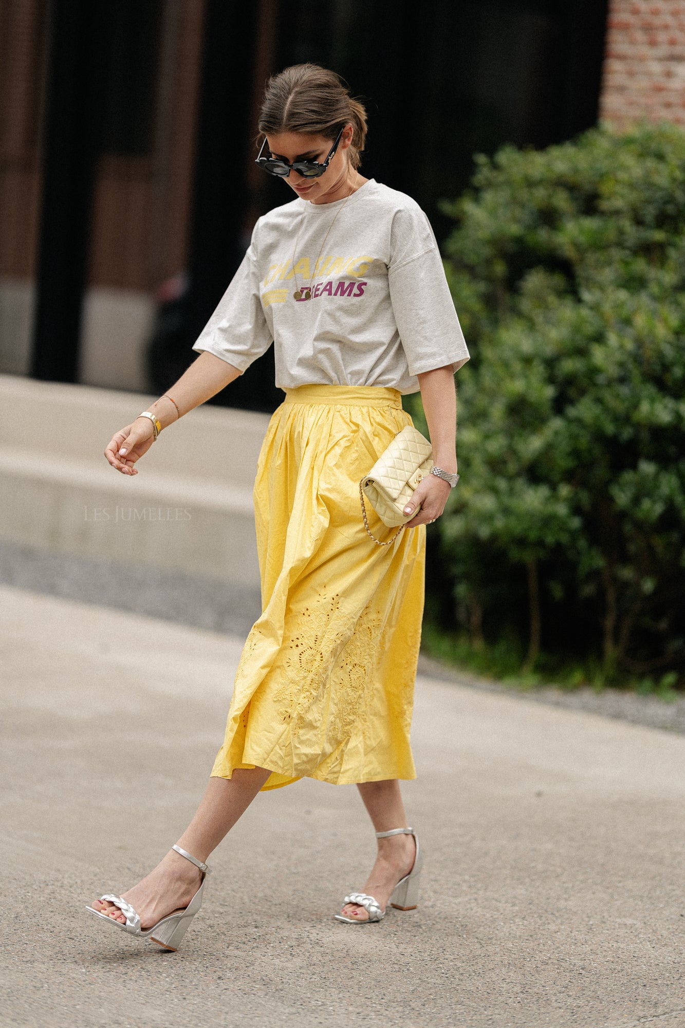 Embroidery anglaise midi skirt sweet yellow