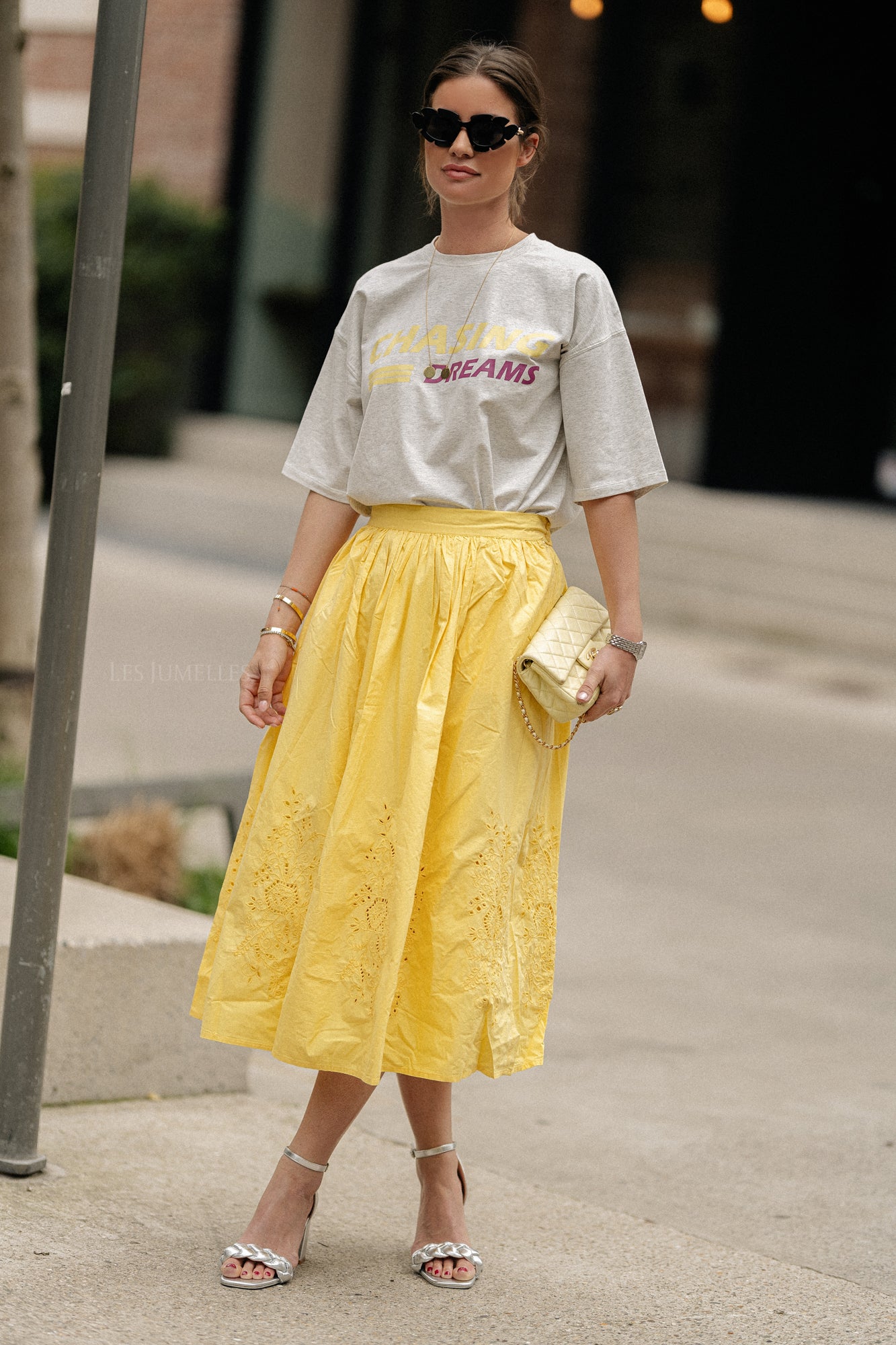 Embroidery anglaise midi skirt sweet yellow