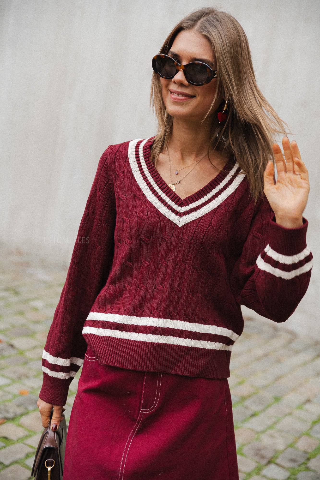 VISena L/S V-neck knit pullover cabernet/birch