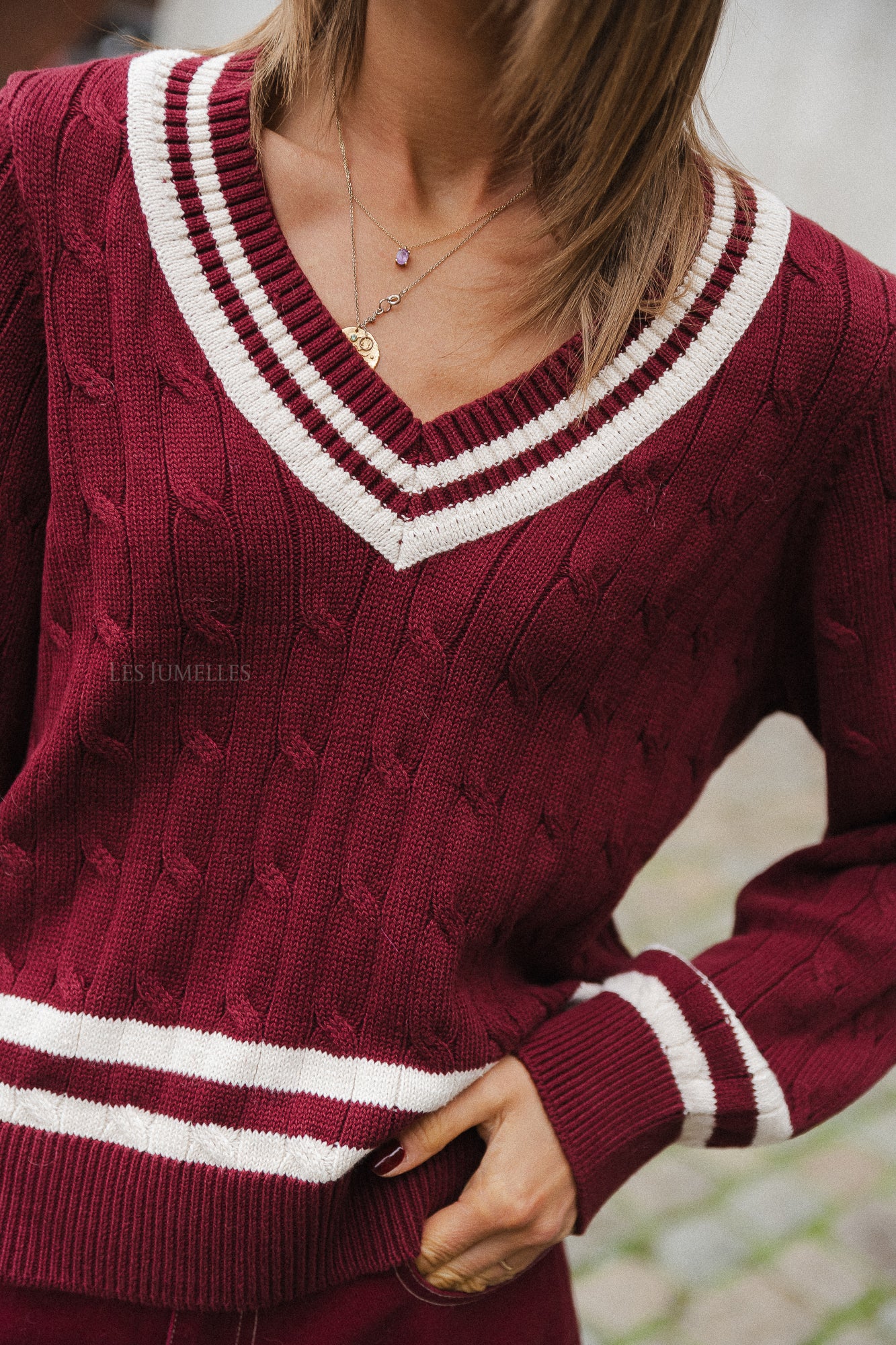 VISena L/S V-neck knit pullover cabernet/birch