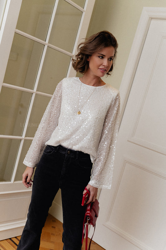 Les Jumelles VIMana LS sequin top cloud dancer